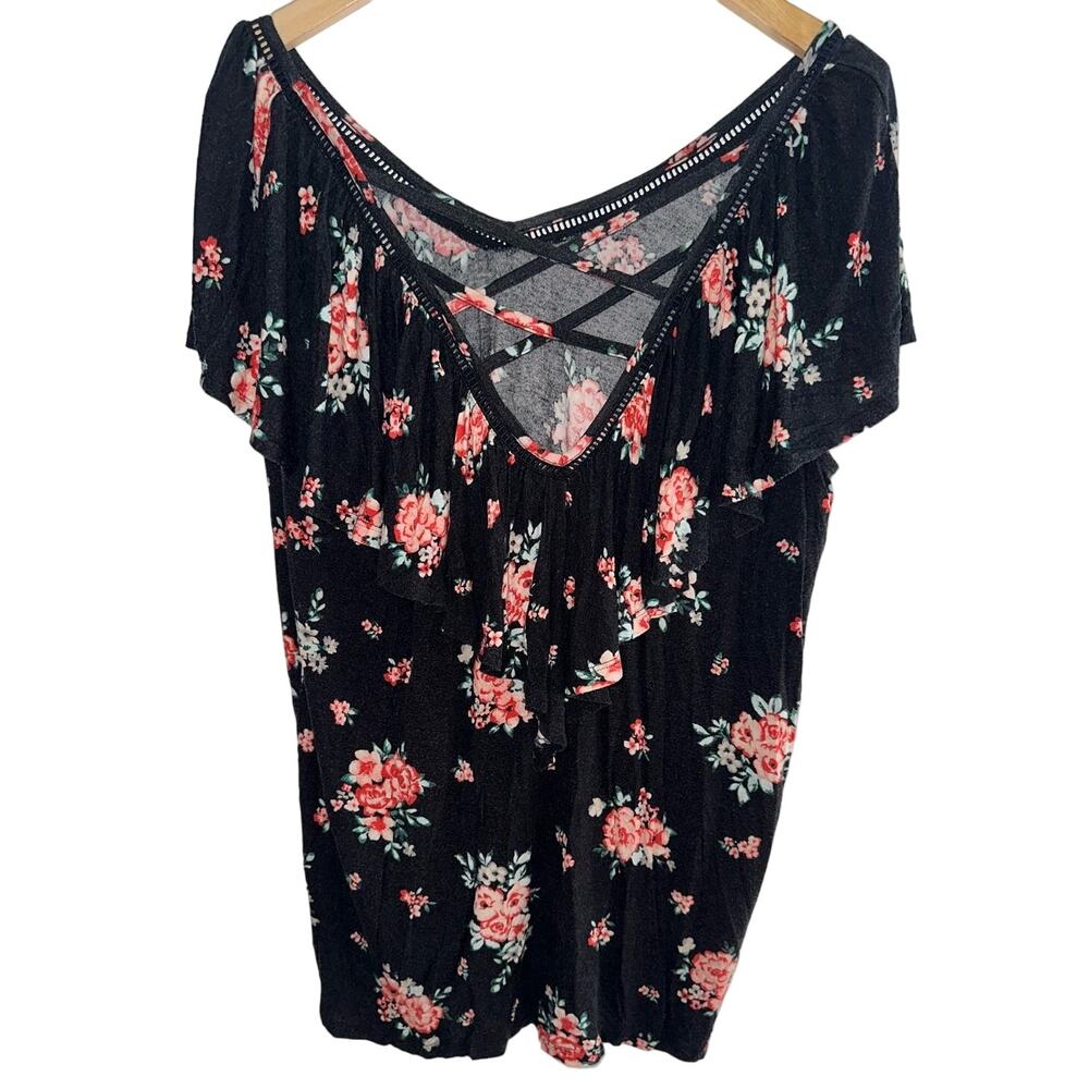 Black with Pink Floral Torrid Cross Front Ruffle V Neck Soft Coquette Plus 2X